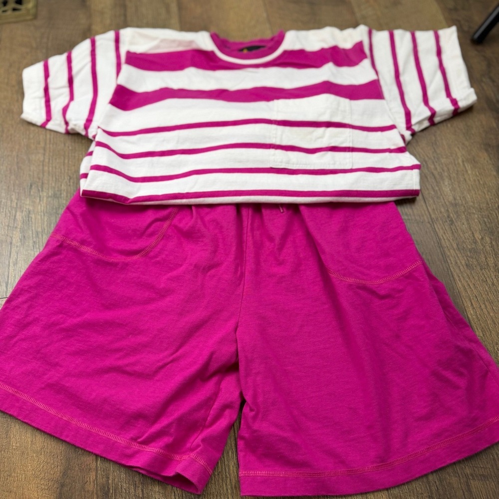 Vintage Liz Sport 2 Piece Set Pink Striped Tee Magenta Shorts Size M